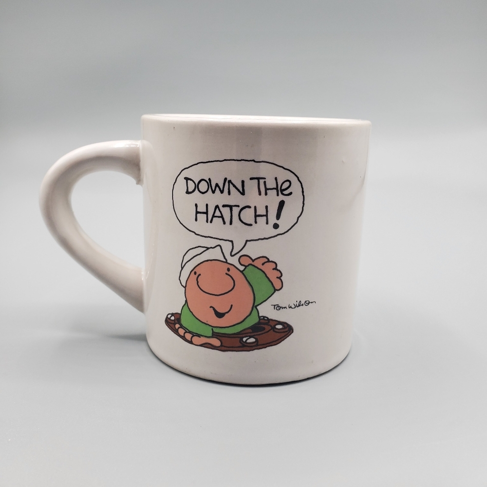 VINTAGE ZIGGY VINTAGE STONEWARE RESTAURANT COFFEE MUG "DOWN THE HATCH